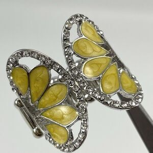 Silver Tone Stretch Band  Yellow  Enamel Butterfly Ring Adjustable Cocktail
